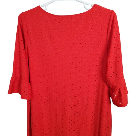 Tiana B Size 18W Dress Shift Stretch Eyelet Overlay Ruffle Bell Sleeve Midi Red - Picture 8 of 14